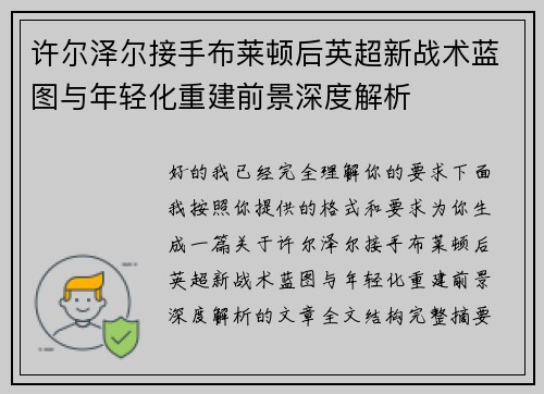 许尔泽尔接手布莱顿后英超新战术蓝图与年轻化重建前景深度解析