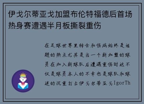 伊戈尔蒂亚戈加盟布伦特福德后首场热身赛遭遇半月板撕裂重伤